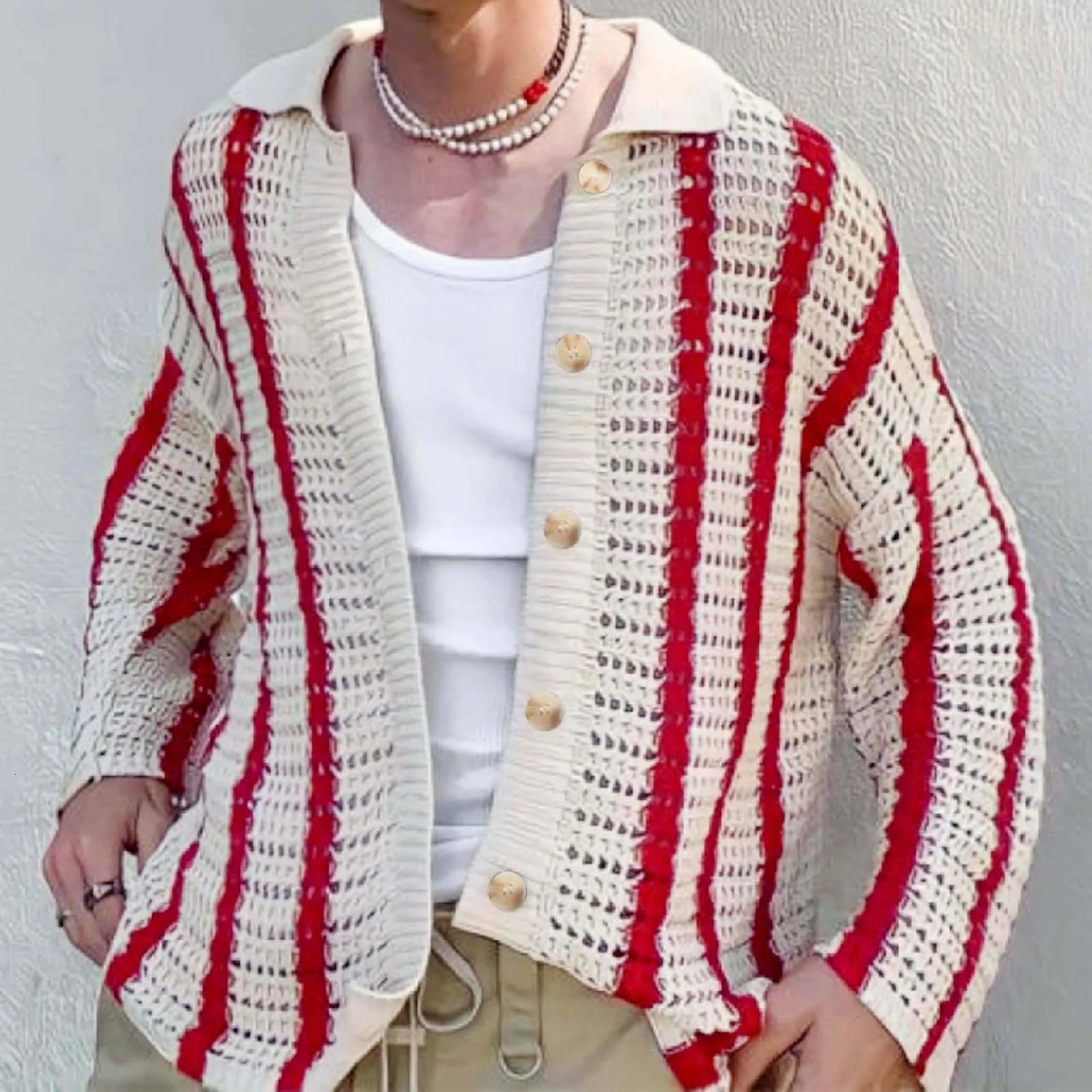 Mens Sweater Clothing European and American Fashion Casual Hollow Woven Knitted Versatile Striped Cardigan 241024