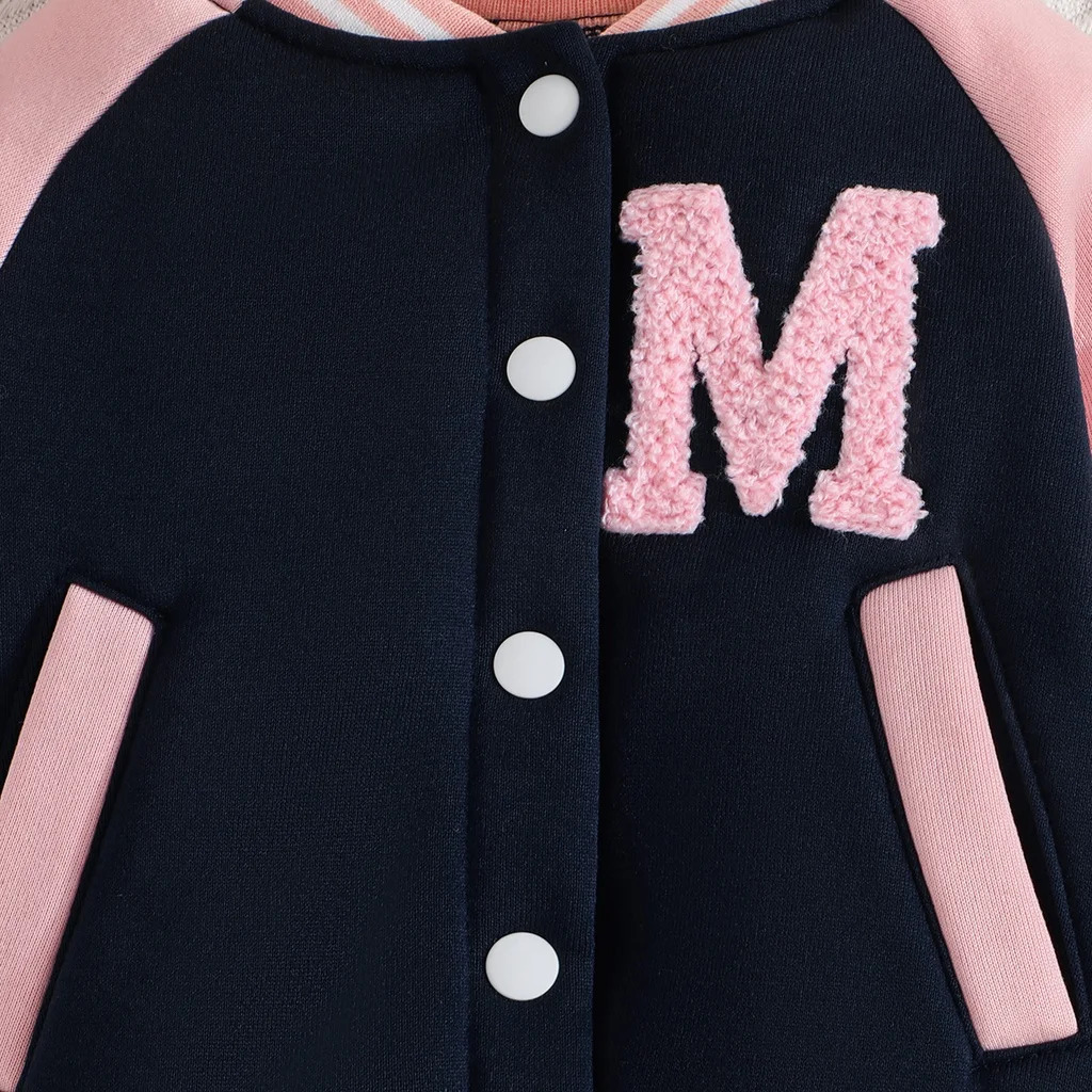 Girl 6 Months - 3 Years old Pink Baseball Uniform Button jacket Long Sleeve Coat and Pants Outfit Toddler Infant Clothing Set 241028