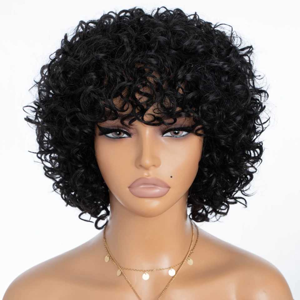 Short Curly Bob Wig Full Person Wig Natural Black Glueless Wig 10 inches E-Cut Short Bob Wig M241028