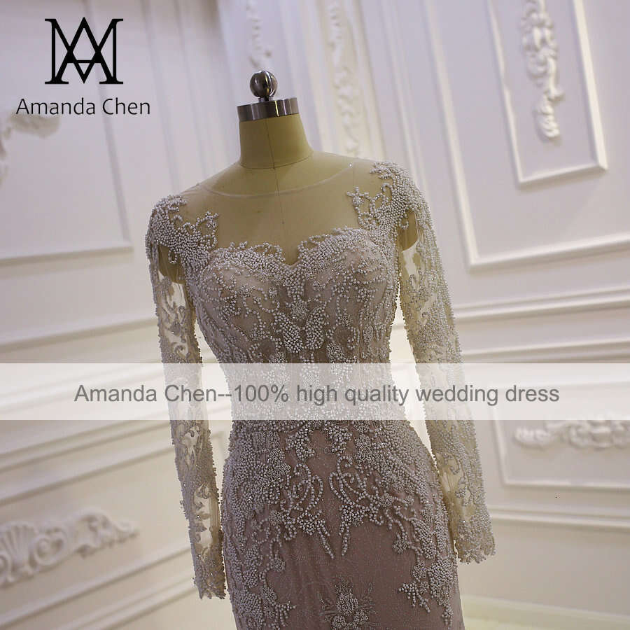 abito da sposa Long Sleeve Lace Applique Beaded Champagne mermaid Wedding Dress