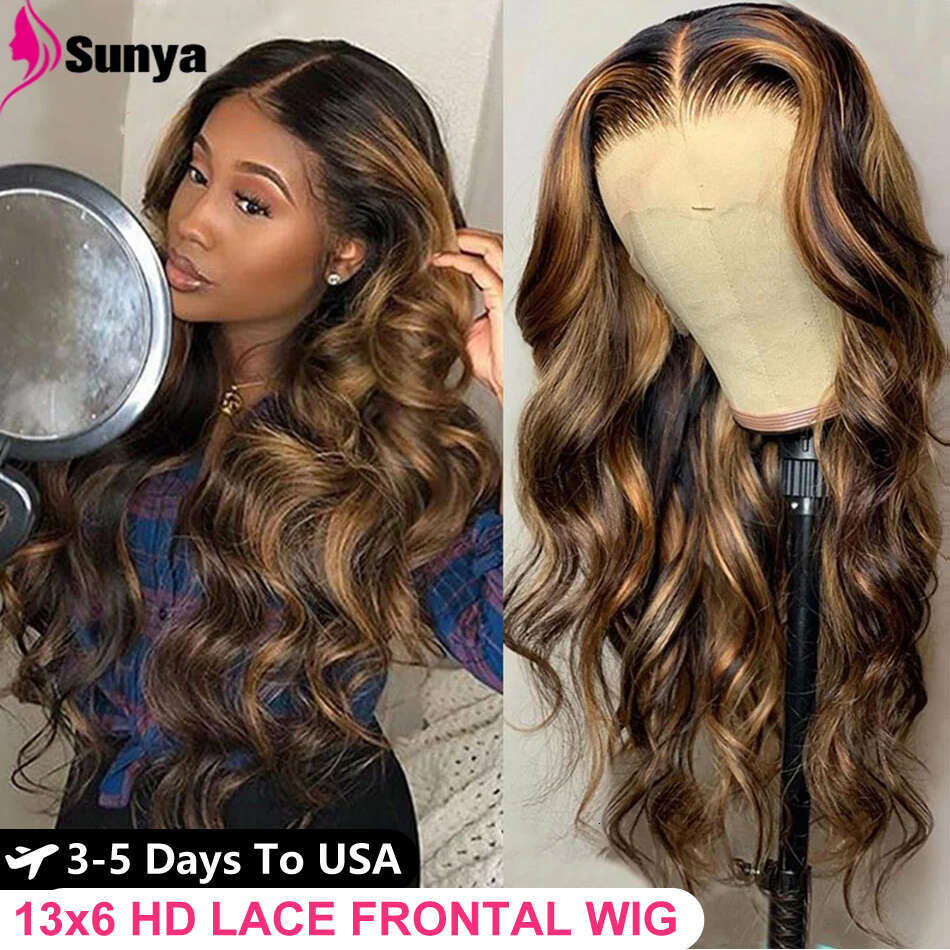 Body Wave Highlight Human Hair Wigs x HD Lace Frontal Wig Honey Blonde Front