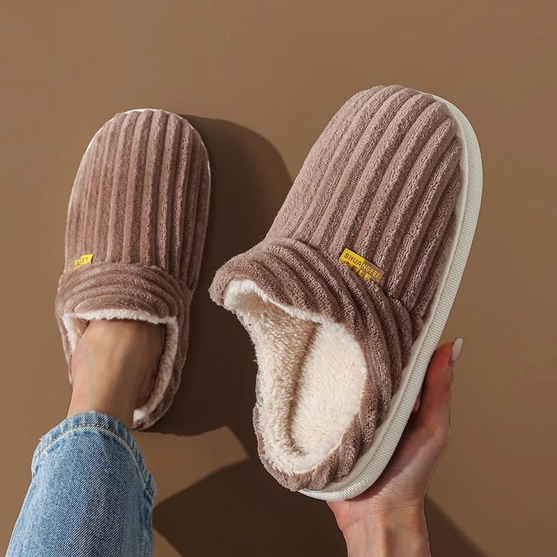 Winter Unisex Concise Solid Color Flat Plush Slippers Non-slip Warm Fluffy Mule Slides For Women Men Home Casual Cotton Shoes 241025