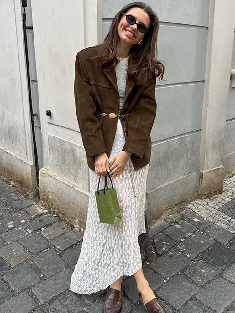 Retro suede jacket womens casual loose V-neck single chest jacket womens autumn winter fashion solid jacket women 241025