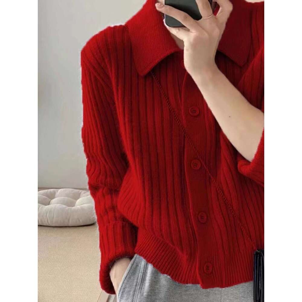 Temperament Lapel 100 Pure Cashmere Knit Cardigan Blouse Autumn And Winter Loose Sweater Wool Coat