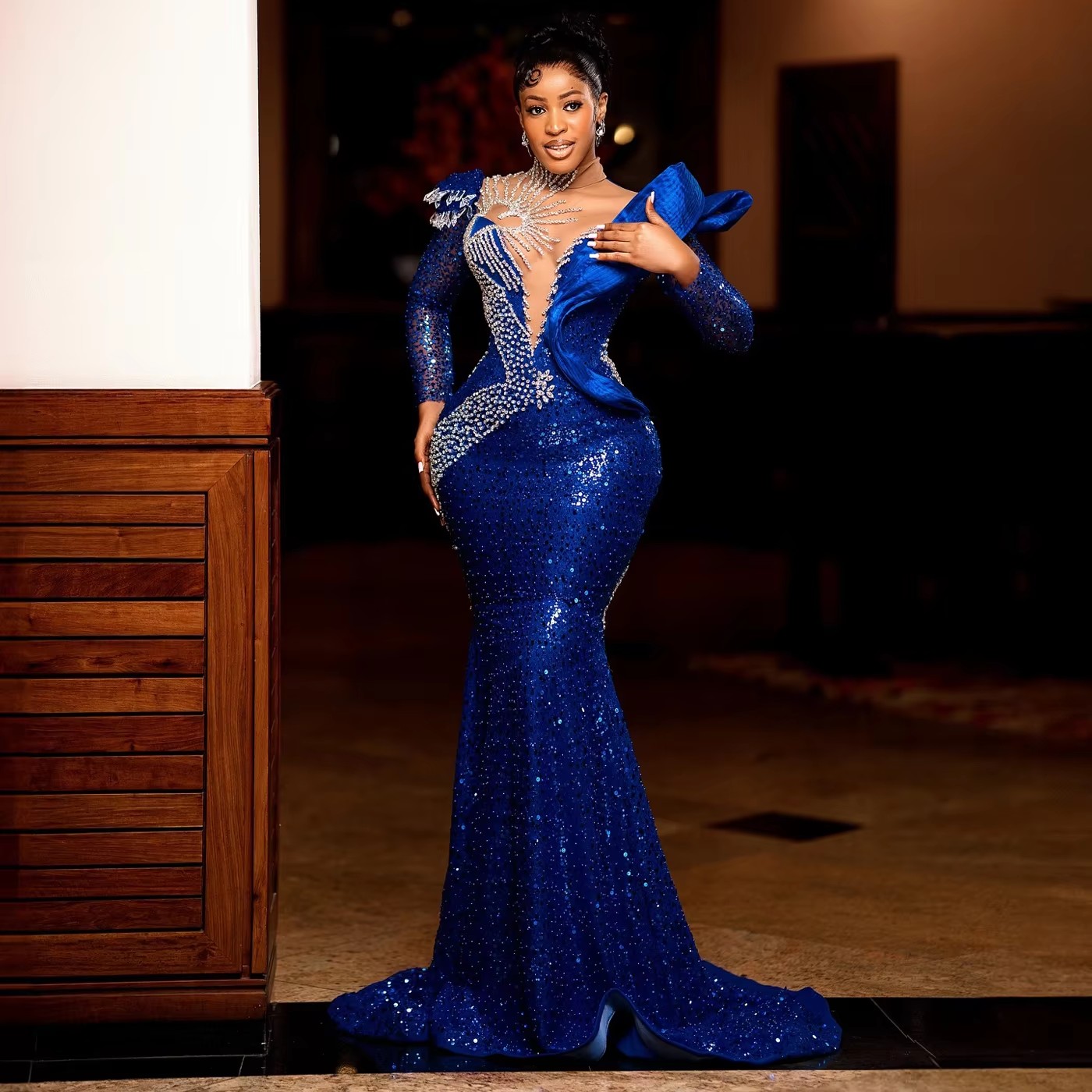 Elegant Royal Blue Mermaid Aso Ebi Prom Dresses 2025 Beaded Sequins African Bridal Reception Gown Black Women Party Dress 0220