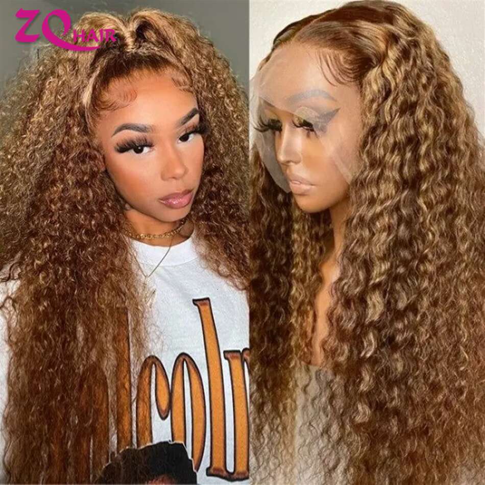Kinky Curly Wigs Highlight Wig Human Hair Ombre Honey Blonde x HD Lace Frontal Front