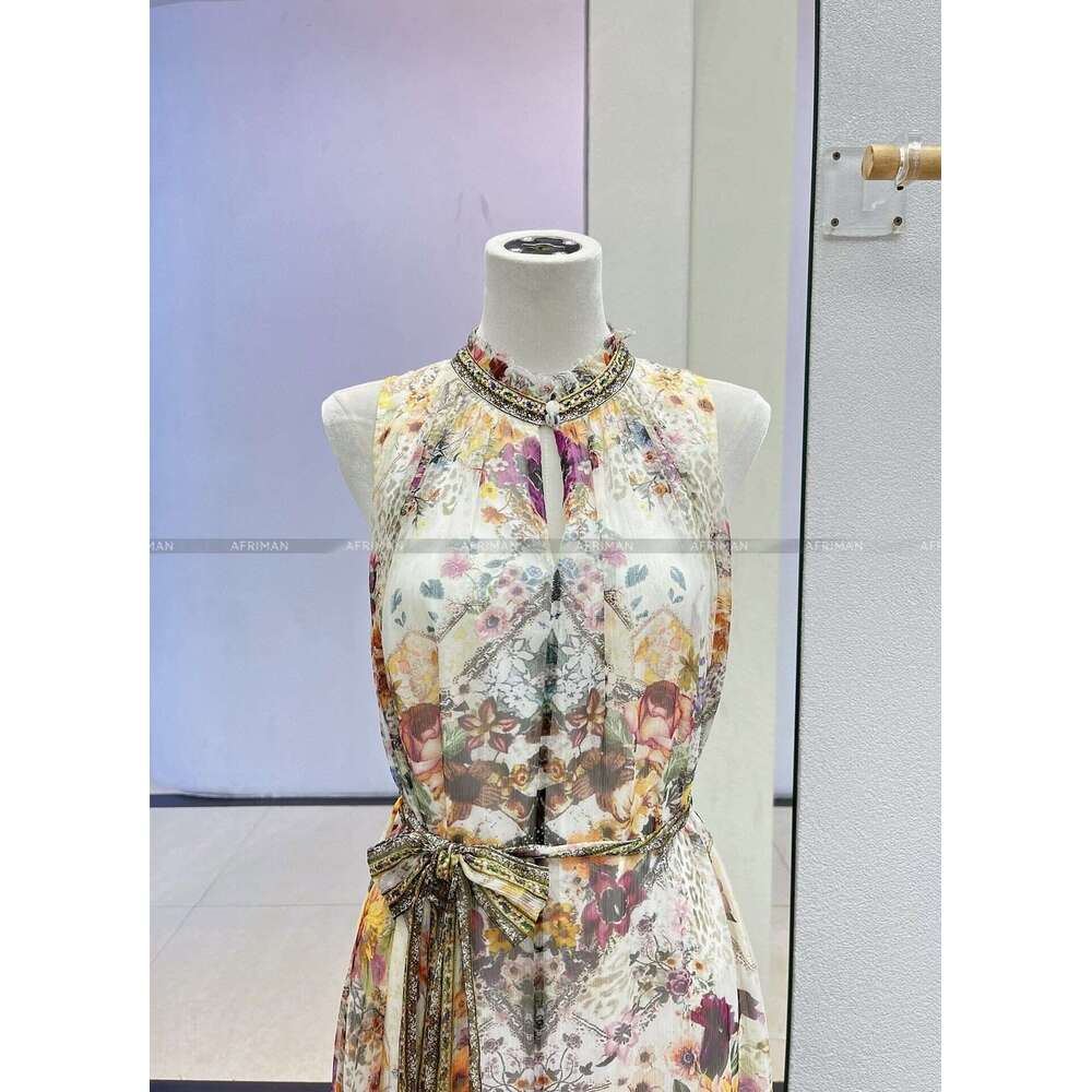 Women Round Neck Sleeveless Retro Print Dia Beaded Lace Up Waist 100% Silk Long Dress