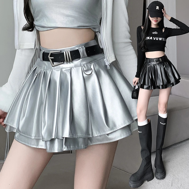Autumn Cool Silver PU Leather Mini Pimp Womens Belt High Waist Folded Pimp Shorts Street Clothing Y2K Jupe Womens Saias 241028