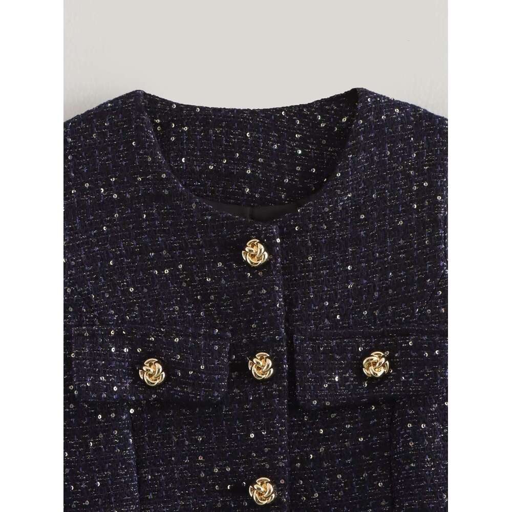 TRAFZA Belted Sequined O-Neck Gold-Color Button Jacket New 2024 Spring Fall Fashion Urban Elegant Slim Vest