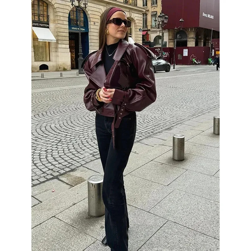 Daenerys Res Autumn Women Lapel Long Sleeved Short Leather Jackets Trendy Slim Bury Red Crop Coat Fashion Lady Party Outwear