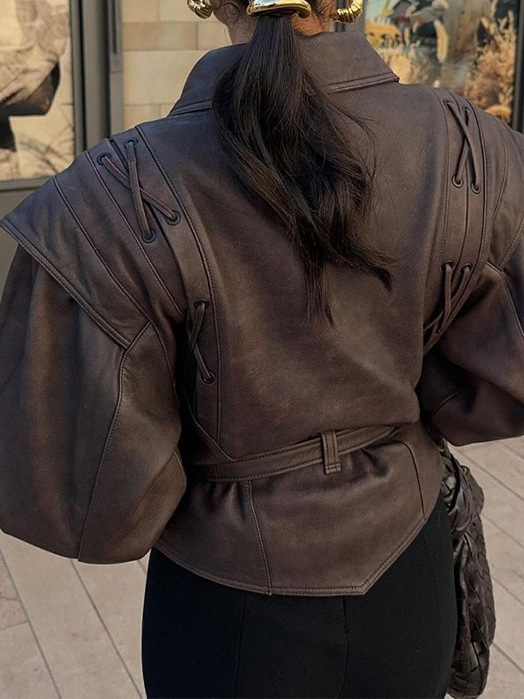 Women's Street Leather Jacket 2024 Autumn Winter Versatile Brown Long Sleeves V-Neck Lace-Up Coats Causal Female Outerwear
