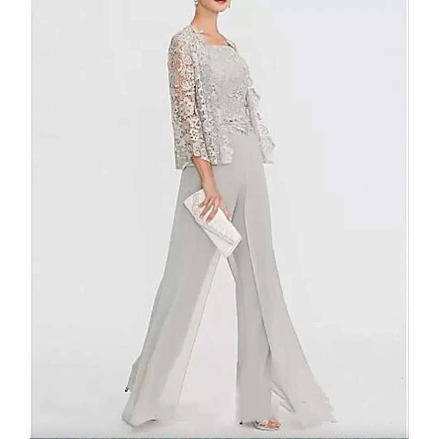 Elegant Chiffon Mother Of The Bride Pants Suit With Short Lace Jacket Cheap Wedding Guest Dresses Women Beach Country Formal Party Wear 0431