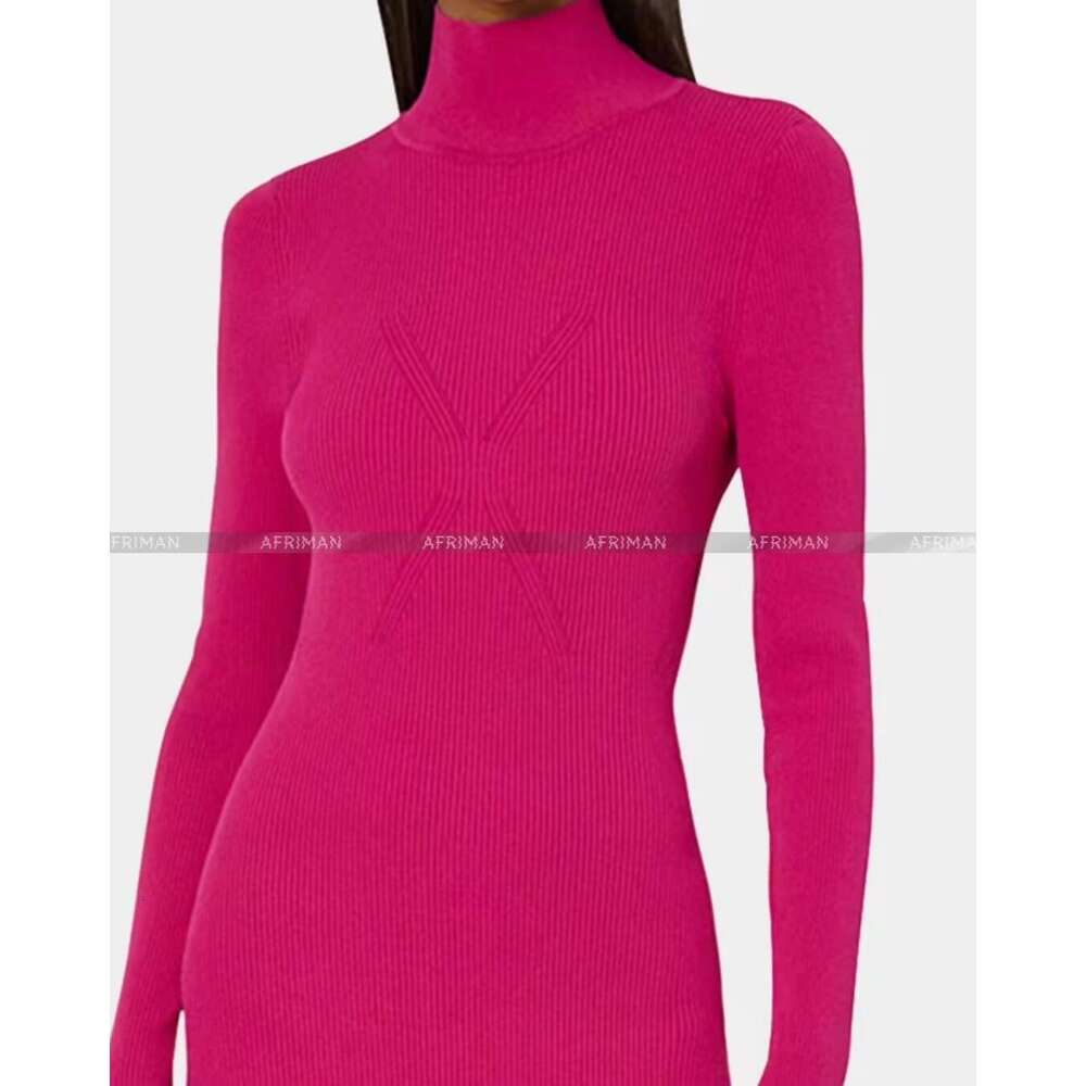 Women Ribbed Turnleneck Long Sleeve Knitted Step Midi Dress