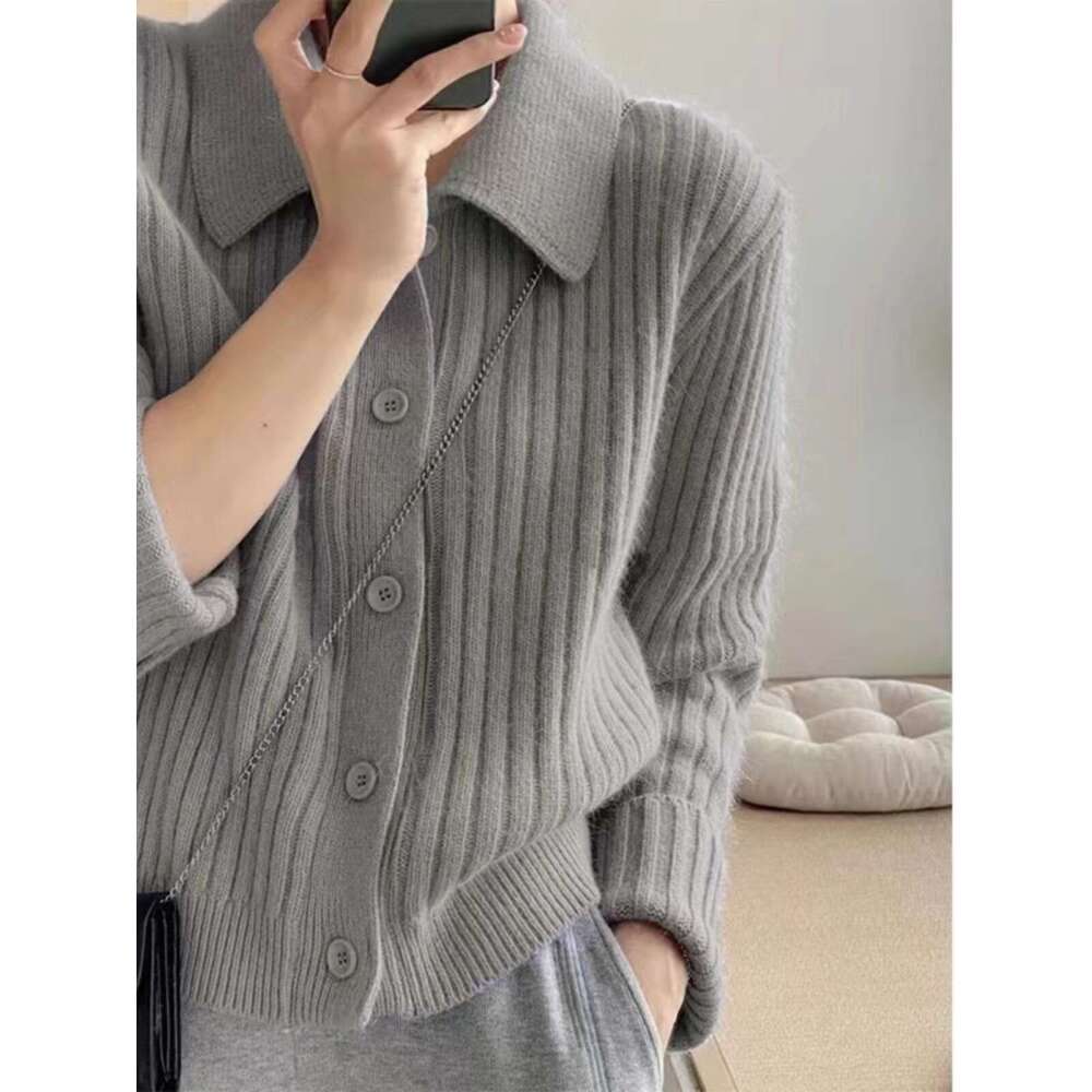 Temperament Lapel 100 Pure Cashmere Knit Cardigan Blouse Autumn And Winter Loose Sweater Wool Coat