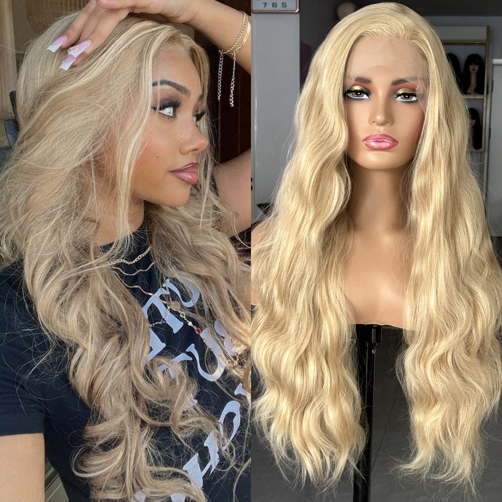 Honey Blonde Highlights Synthetic Lace Front Wig Long Curly Wavy Body Wave Hair 13X4 Frontal Wigs for Women Daily Party