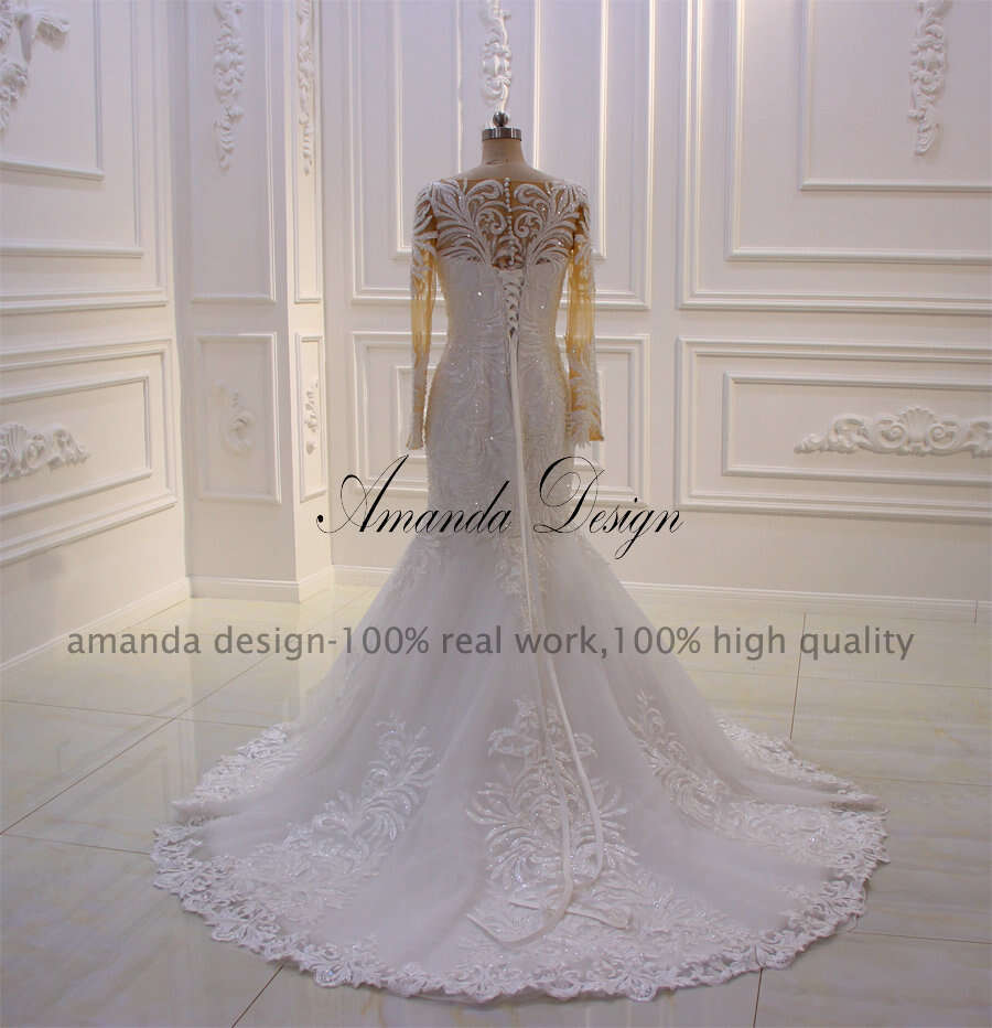 Amanda Design gelik Long Sleeve Lace Appliqued African Wedding Dress with Detachable Skirt