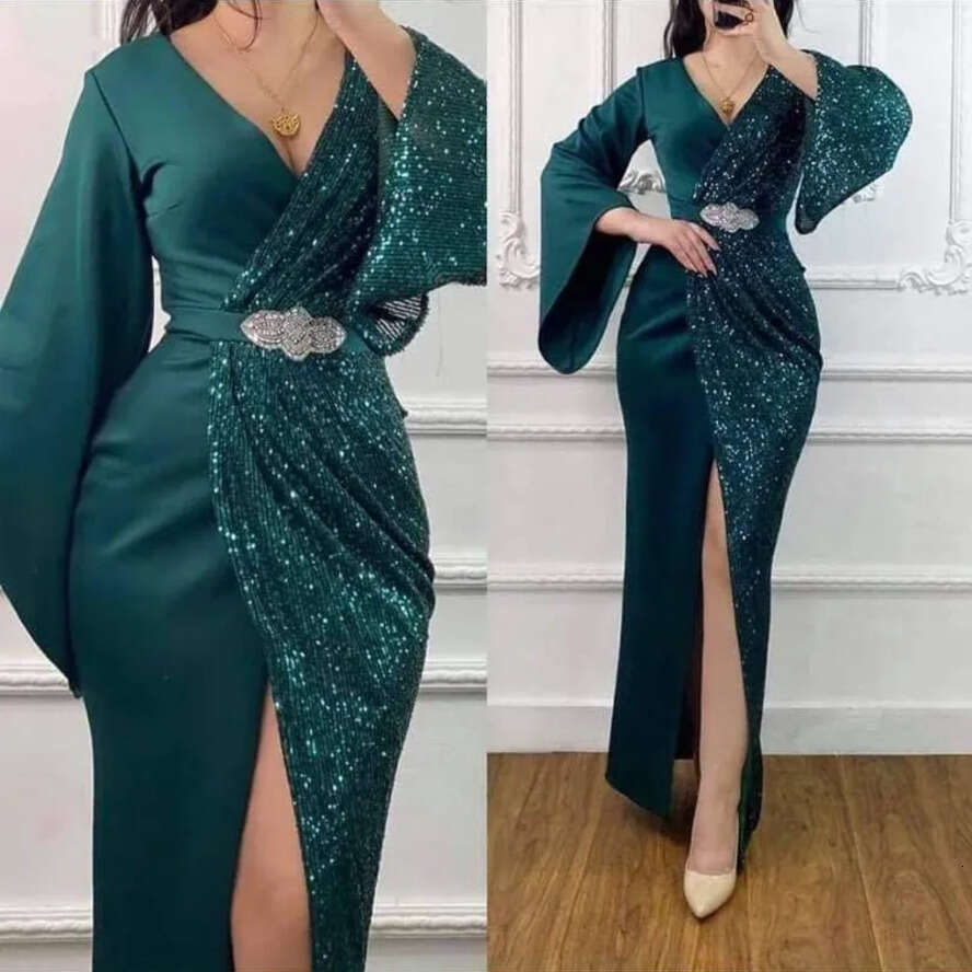 Green Dark Prom Dresses Princess High Side Split Long Sleeve Beads Sequins Satin Puff Purple Tulle Lace Appliques Party Gowns Plus Size Custom Made