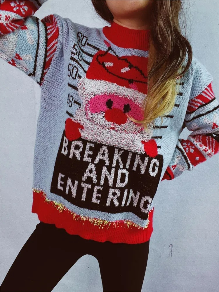 Ugly Santa Claus Knitted Sweater Womens Autumn/Winter Loose O-neck Long Sleeve Red Zipper Jumper 241025