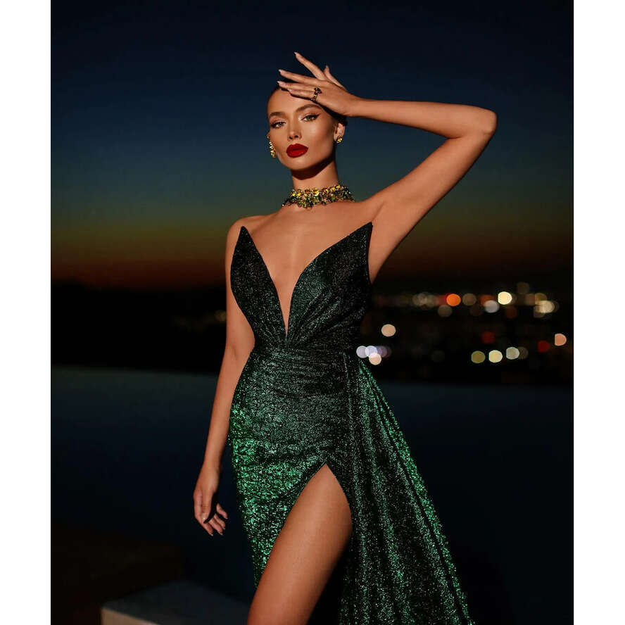 Sexy Dark Green Prom Dresses V Neck Glitter Evening Gowns Pleats Slit Sheath Formal Long Special Ocn Party Dress 0515