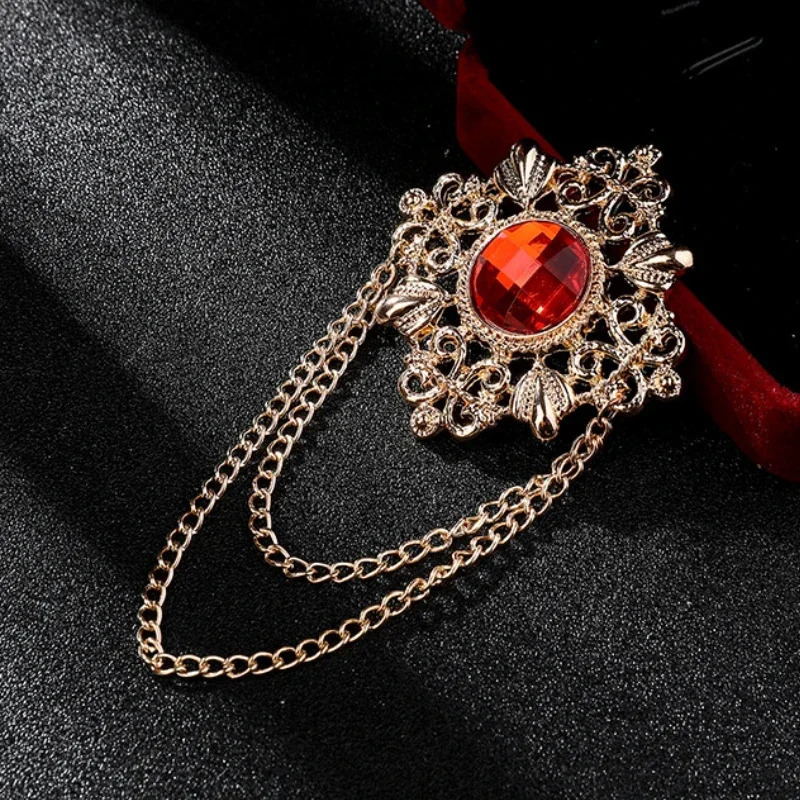 Retro Gem Brooch Mens Suit Pin Vintage Cross Tassel Lapel Pins with Chain Badge Jewelry Accessories 241028