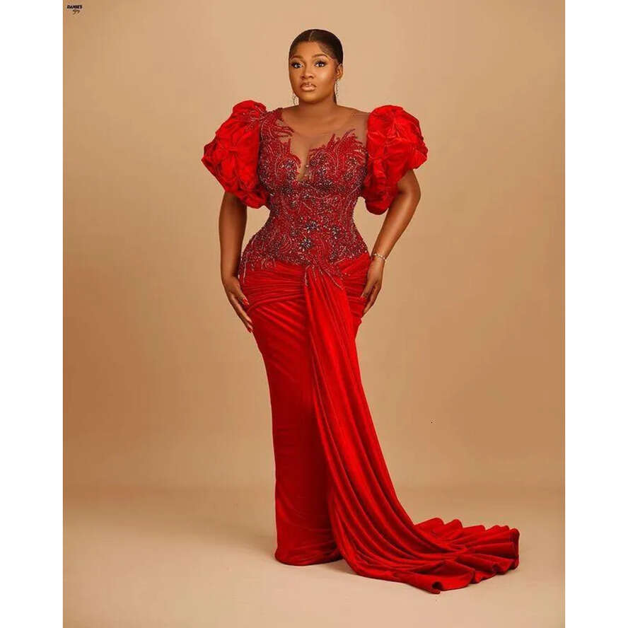 2022 Red Urious Sexy Prom Dresses Lace Beaded Crystals Evening Formal Party Second Reception Birthday Engagement Gowns Dress Plus Size Arabic Aso Ebi