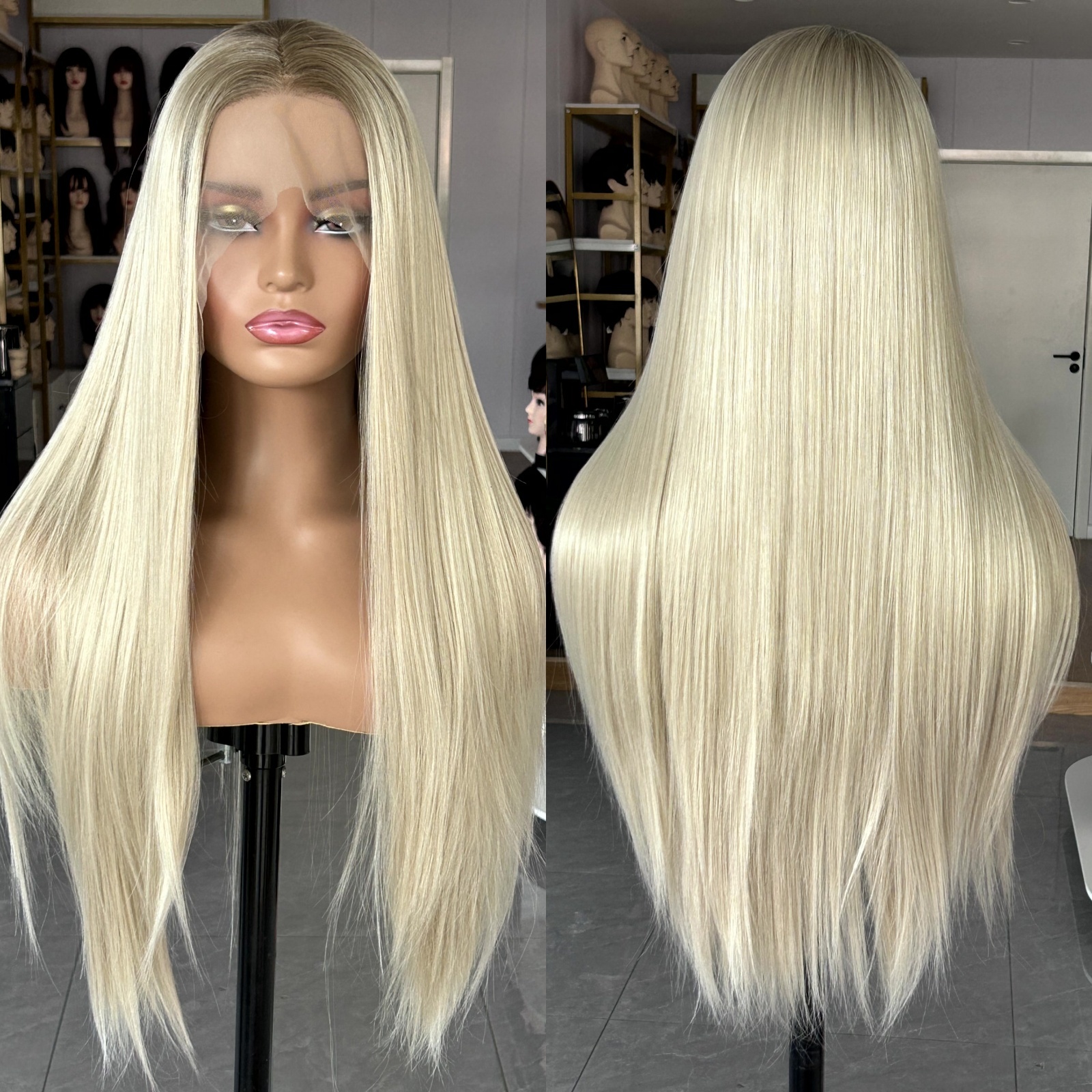 Ombre Lace Front Long Straight Synthetic Wig Brown Blonde Highlight Colored Hair 13X4 Frontal Wigs for Women Party Cosplay