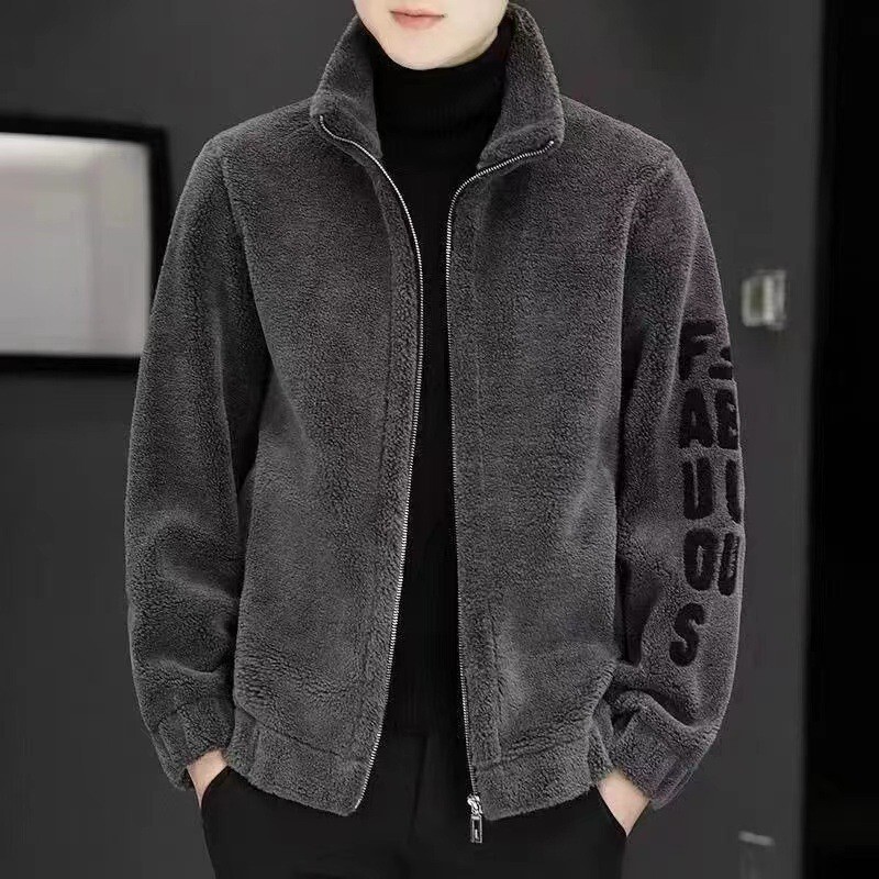 2024 new designer autumn and winter men's cut sheep stand collar jacket embroidered integrated sheep fleece men's jacket
