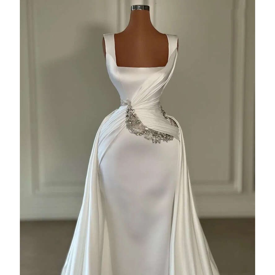Mermaid Elegant Prom Dresses Sleeveless Bateau Straps Satin Appliques Sequins Bead Or Length Dias Lace Up Folds Train Evening Dress Plus Size Custom