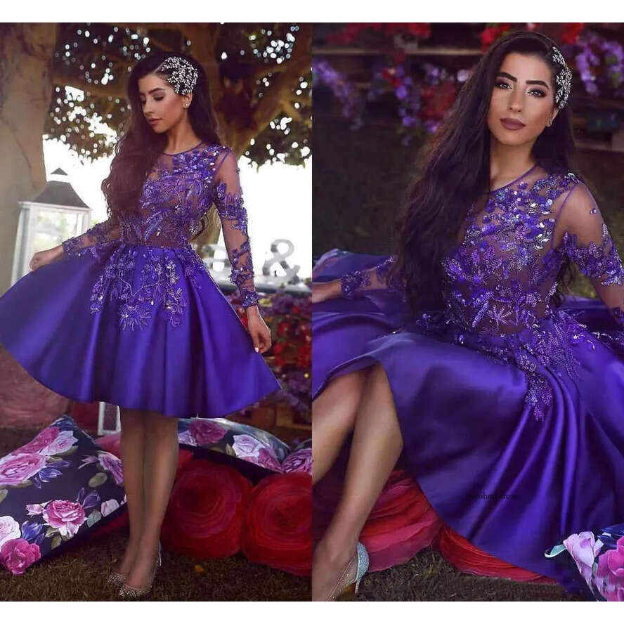 Short Tail Homecoming Dresses Vintage Long Sleeve A E Sheer Neck Applique Beaded Dress Prom Gowns 0521