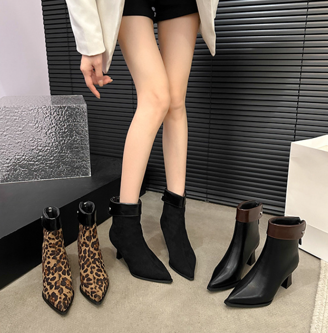Women's Fashion Boots:High Heel Trendy Design Plus Size Pointed Toe Sexy Style New Trendy Winter Stylish Wear,Black/Leopard,Free shipping