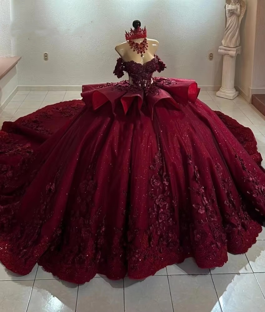 2025 Bury Lace Ball Gown Quinceanera Sparkly 3D ral Appliques Cut-out Sweet 16 Dress Vestido De 15 Anos