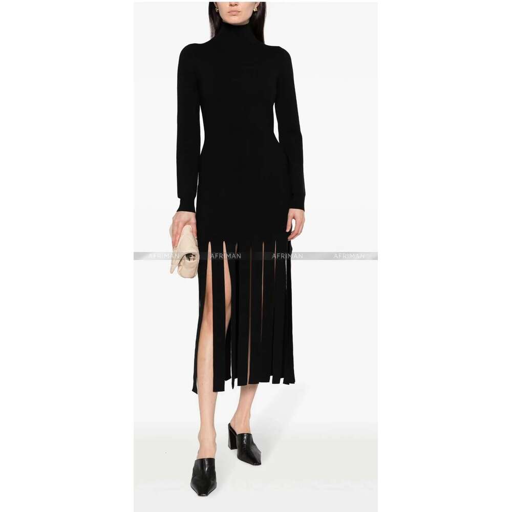 Women High Neck Sleeve Fringed Slim Long Knitted Dress
