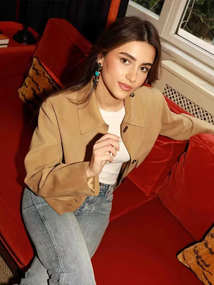 Autumn artificial suede womens jacket fashion lapel single chest short sleeved pocket womens jacket womens jacket 241025