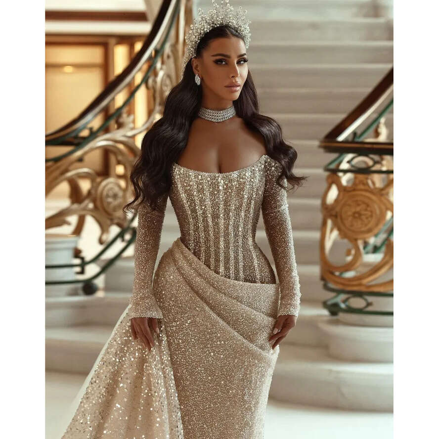 Stunning Gold Mermaid Prom Elegant Crystal Sequined Beading Shoulder Evening Dress Beads Side Train Custom Made Formal Pageant Dresses For Women 0515