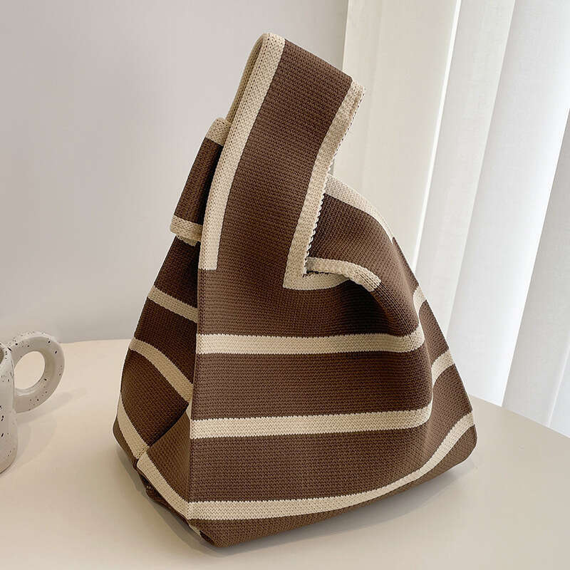 Handmade Women Knitted Small Handbag Casual Wrist Wide Stripe Shopper Mini Tote Student Reusable Shoulder Bag