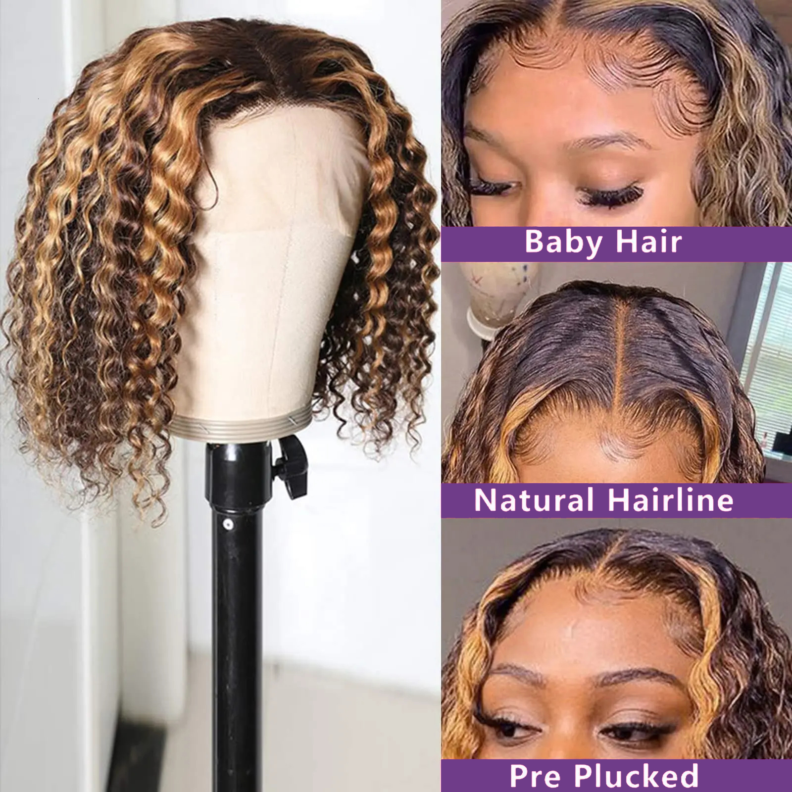 Highlight Ombre Lace Front Curly Human Hair 13x4 Short Bob Honey Blonde Colored Deep Wave Frontal Wig For Black Women