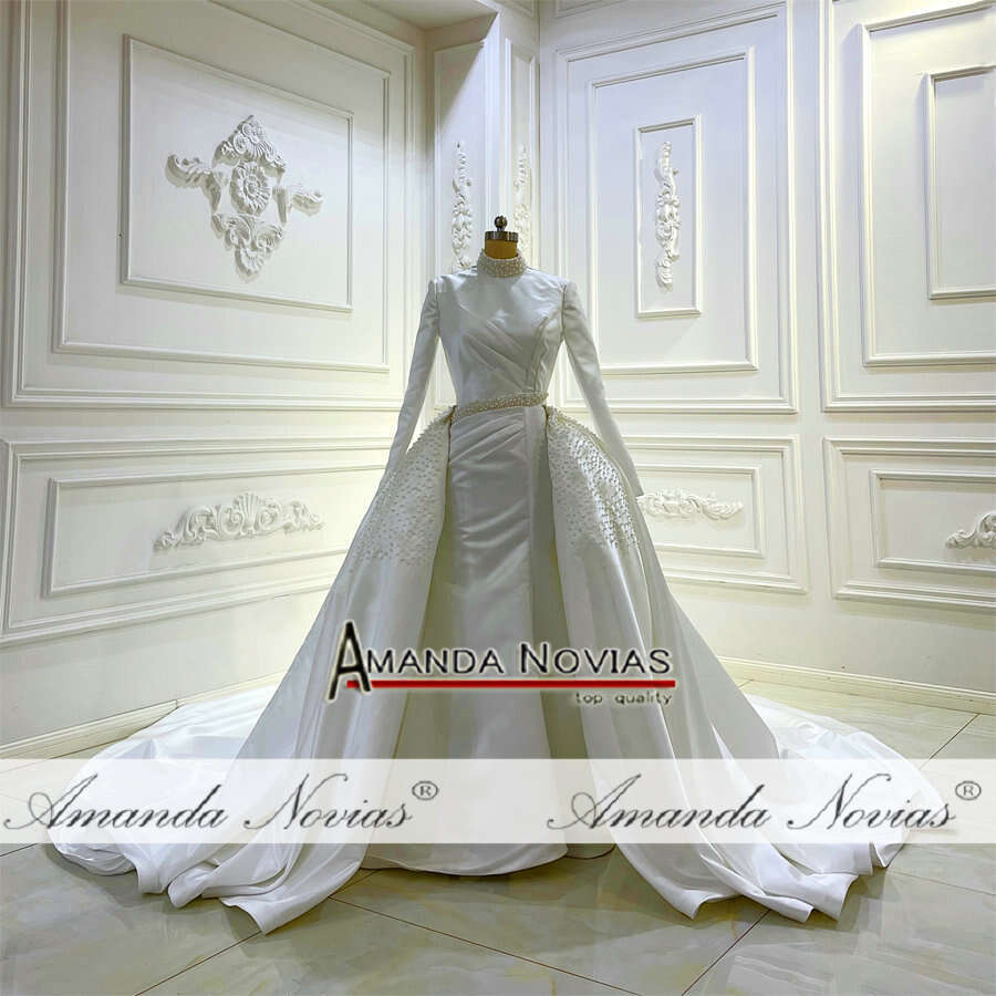 Long Sleeve High neck For Mulism Bride 2 In 1 Stain Mermaid Wedding Dress