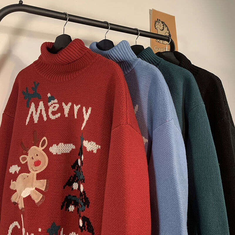 2023 Y2k Elk Turtleneck Christmas Women's Winter Thickened Couple Outfit Trend Lazy Style Versatile Knitwear Sweater