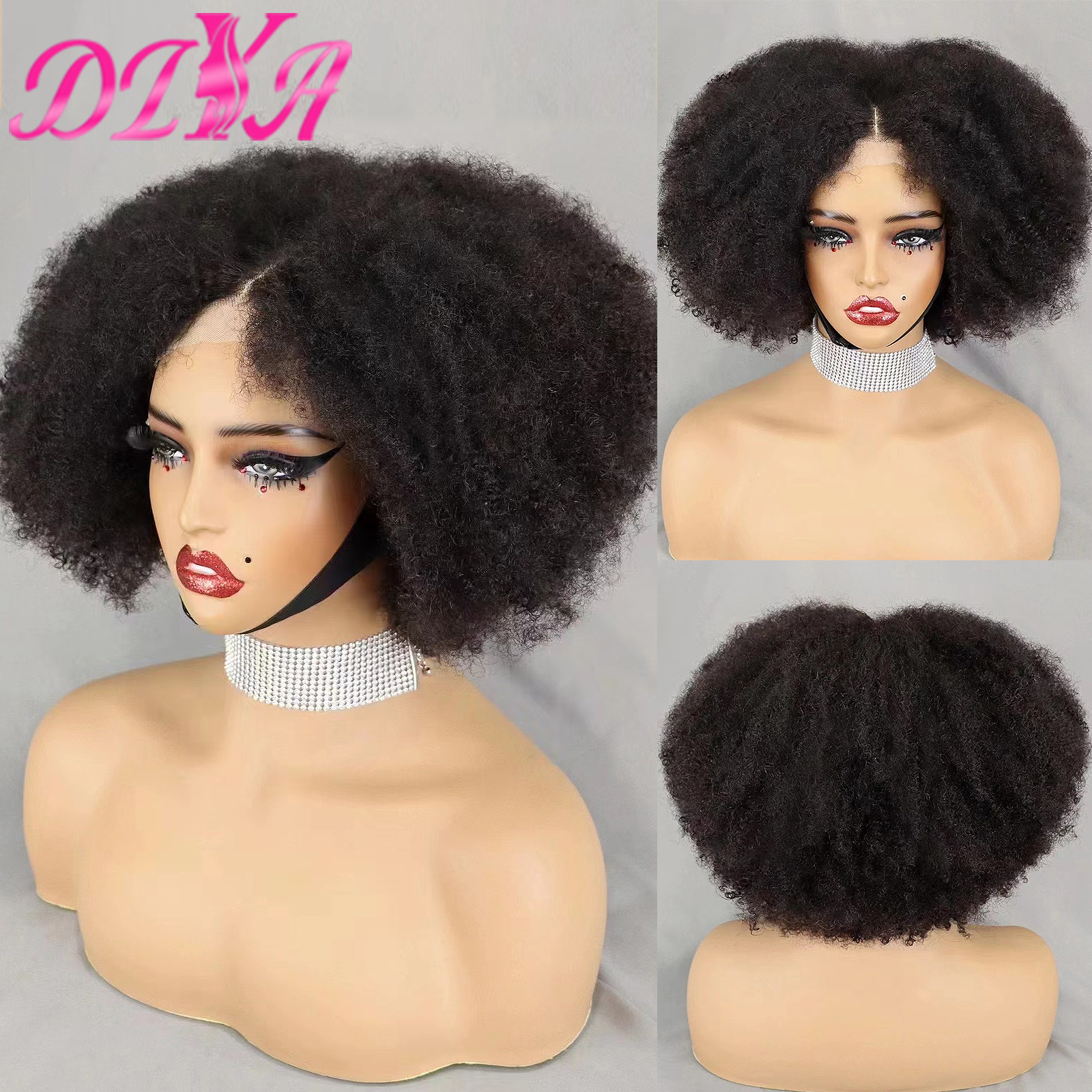 Natural Black 4x4 Lace Closure 300% Density Afro Kinky Human Hair Wigs for African Balck Women 12 14 16 Inches Short Bob Wig