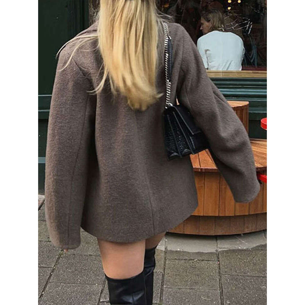 Woolen Solid Women Short Coat Thick Lapel Double Breasted Female Jacket 2024 Autumn Long Sleeve Pocket Lady Blazer Jackets