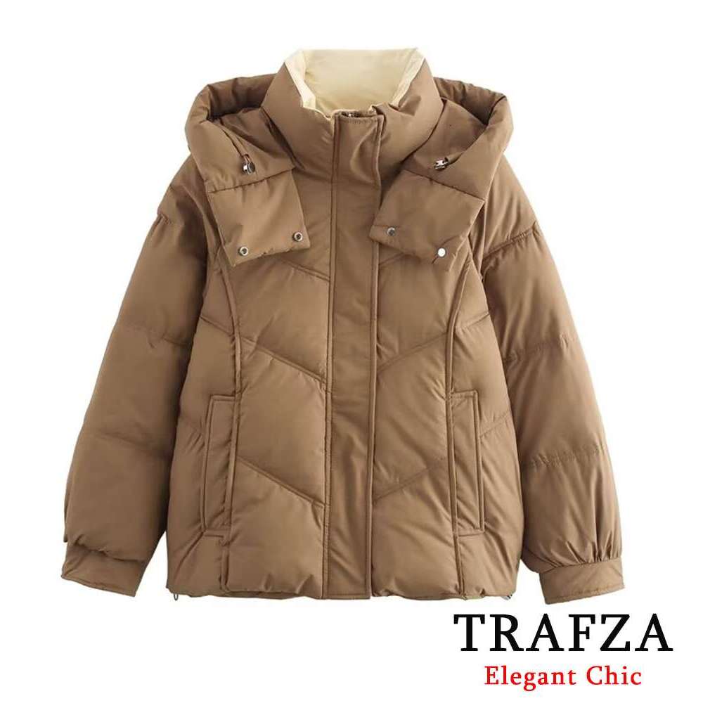 TRAFZA Women Fall Winter Padding Five-Color Hooded Zipper Loose New Fashion Casual Versatile Jacket Coat