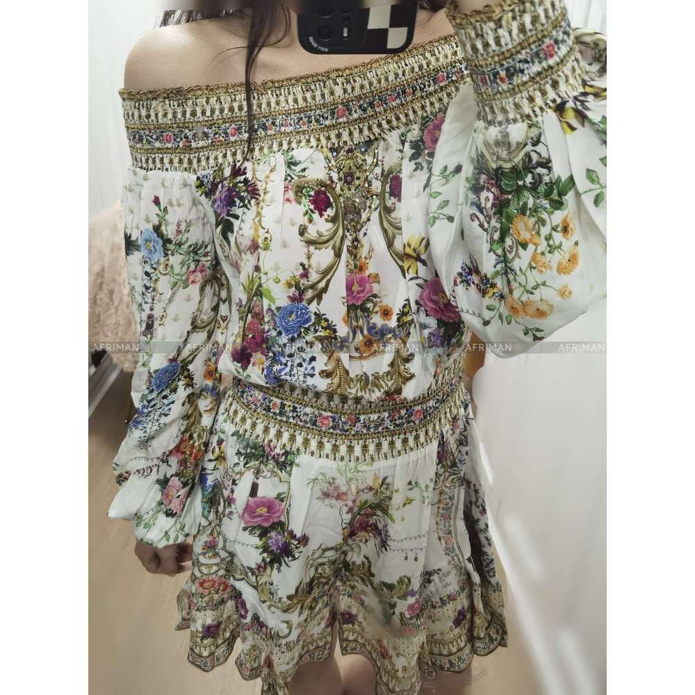 Women Slash Collar Long Sleeve Crystal Beaded Retro Wer Print Elastic Waist Mini Silk Dress