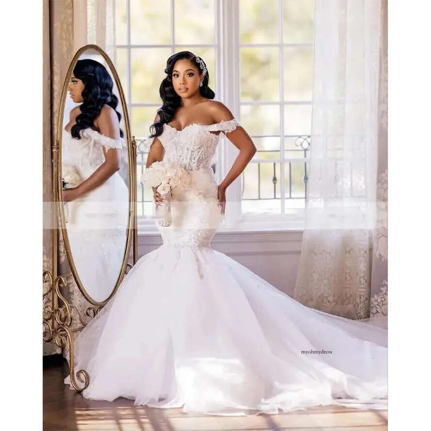 African Elegant Mermaid Wedding Dresses For Bride 2024 Off Shoulder Lace Up Closure Sweep Train Beaded Bridal Gowns Best Selg 0509