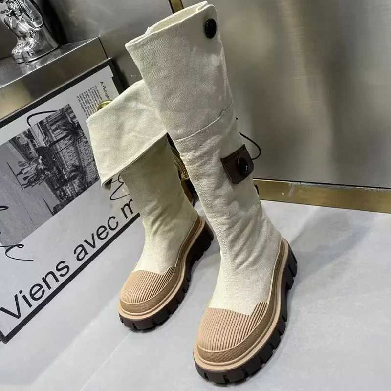 Women Flats Platform Denim Winter Designer New Knee High Motorcycle Boots Casual Goth Shoes Snow Botas hot Mujer Z241028
