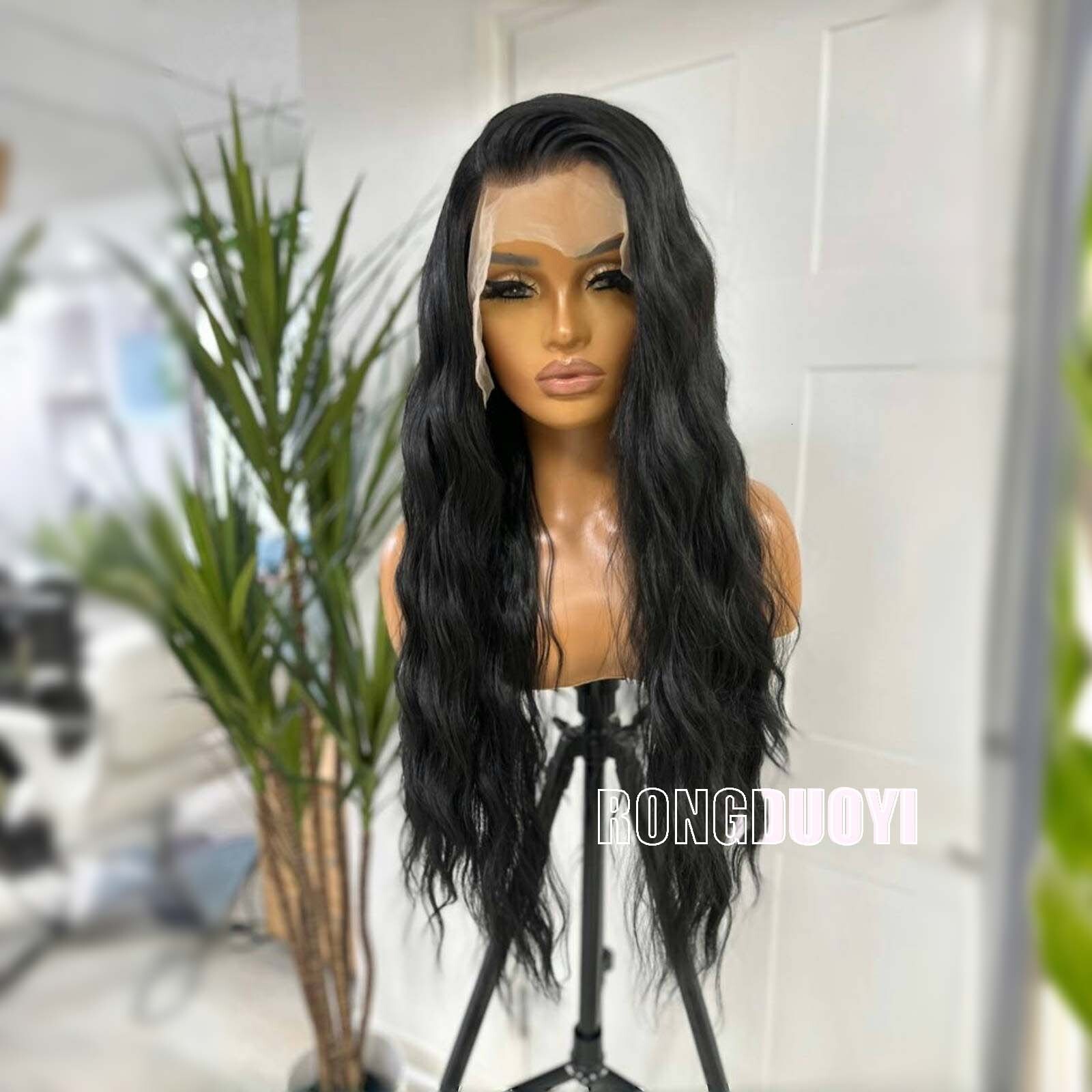 Black Long Beach Wavy Synthetic Front Wig Glueless Frontal 1B Colored Curly Hair Lace Natural Wigs for Women Party