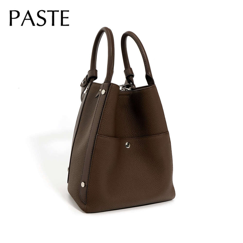 New Retro Open Pocket Design Coffee Solid Color Winter Bucket Tote 100% Soft Genuine Leather Women's Shoulder Bag Handbag