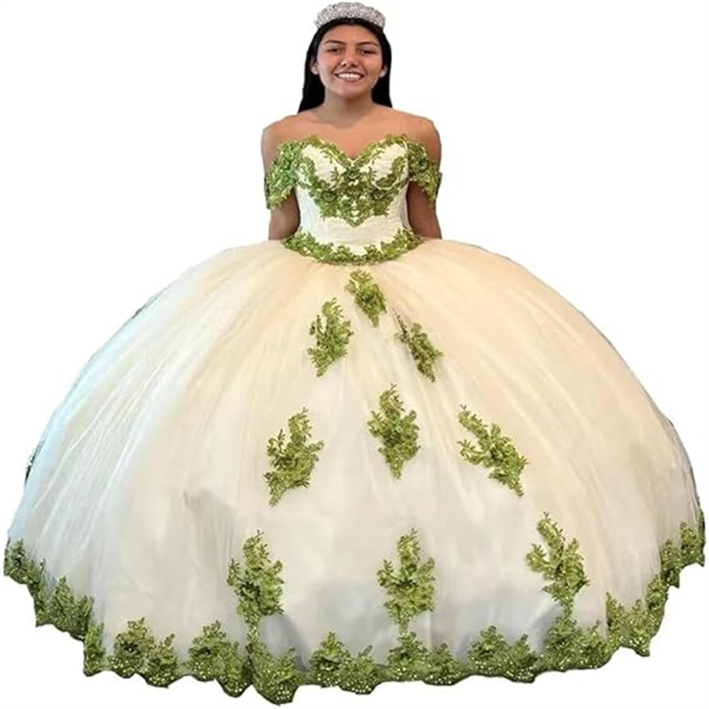 Elegant White Quinceanera Dresses Featuring Green Lace Appliques 3D Florals Puffy Ball Gown Princess Vestio De 15 Anos Charro Fifteen Birthday Dress F