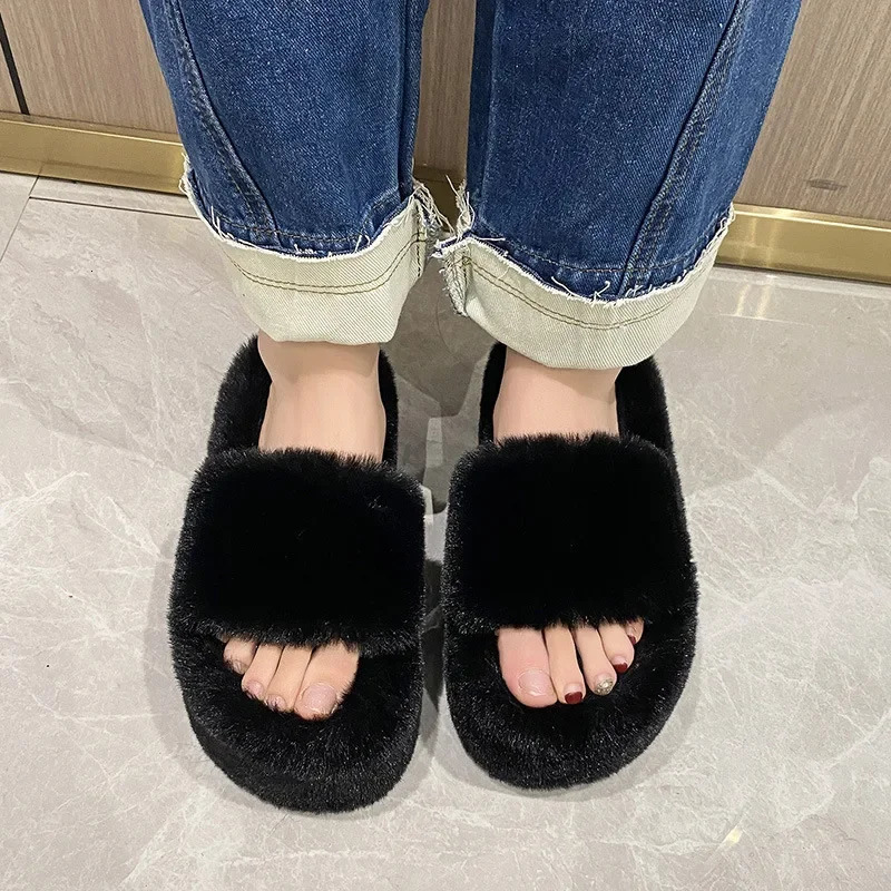 Home Furry Fur Slides Plush Slippers Fluffy Flip Flops Slip on Platform Women Fashion Shoe 2024 Zapato De Mujer 241025