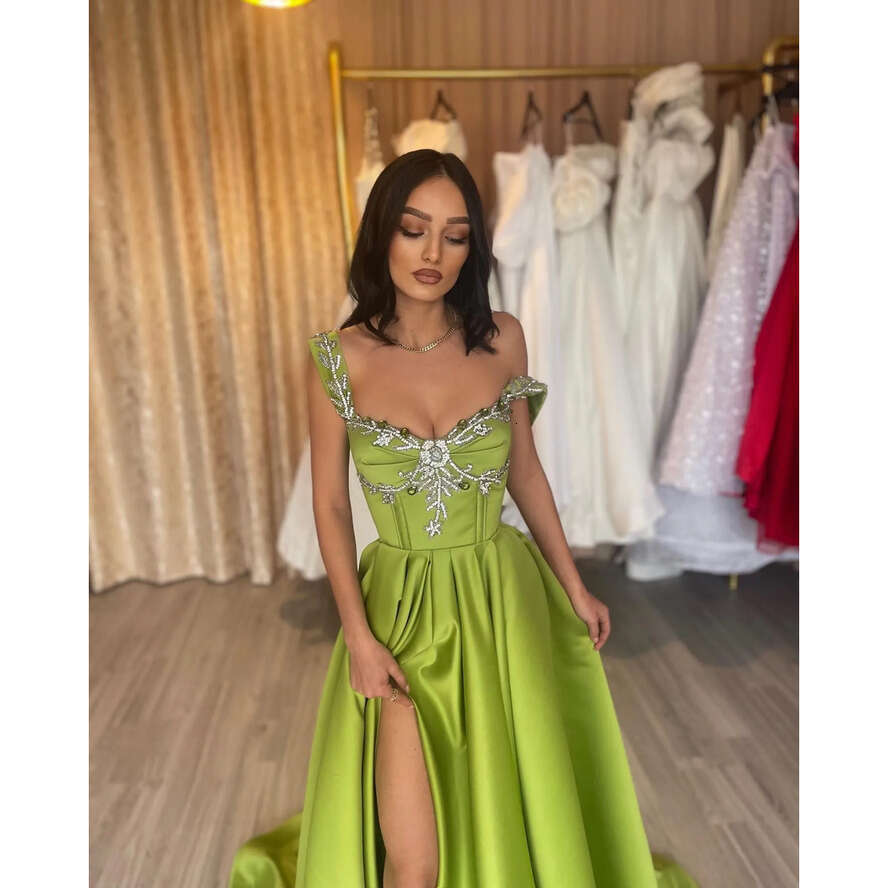 Grass Green A E Prom Dresses Beads Straps Collar Split Evening Pleats Formal Long Special Ocn Party Dress 0515
