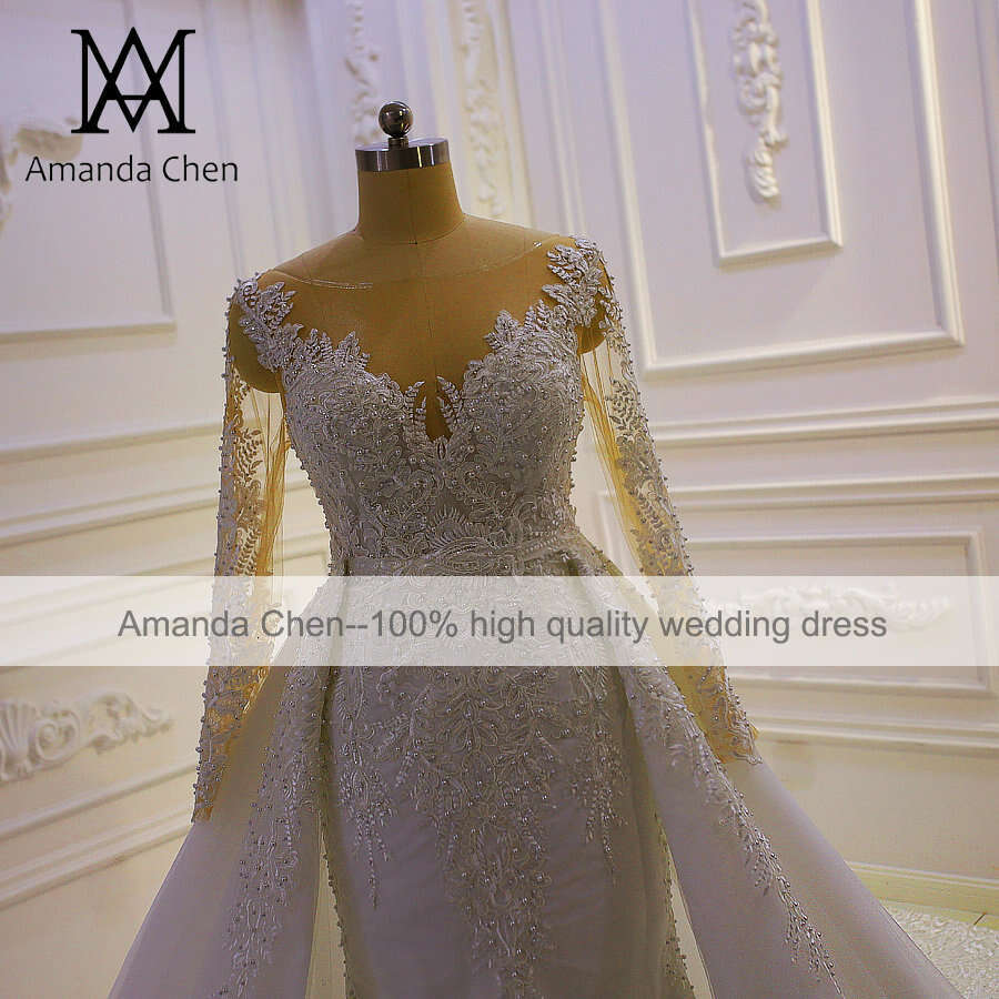 2 in 1 Long Sleeve Lace Appliqued Mermaid Detachable Skirt Wedding Dress